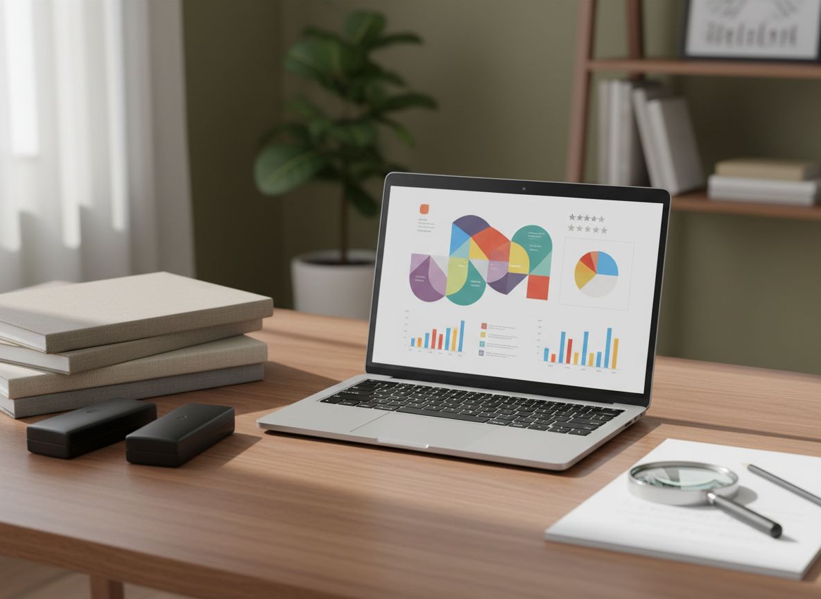 A neatly arranged wooden desk featuring an open silver laptop displaying a clean, data-rich dashboard of product comparison charts and safety ratings, all rendered as abstract shapes without readable text. Around it sit a stack of neutral-toned research reports, a magnifying glass resting on a crisp white notepad, and a pair of black-framed, empty glasses cases suggesting careful review without showing people. Soft daylight from an unseen window washes across the surface, creating gentle shadows and subtle reflections. Shot at eye level with photographic realism and a shallow depth of field, the background fades into a softly blurred home office with muted colors, conveying trust, professionalism, and meticulous consumer research.